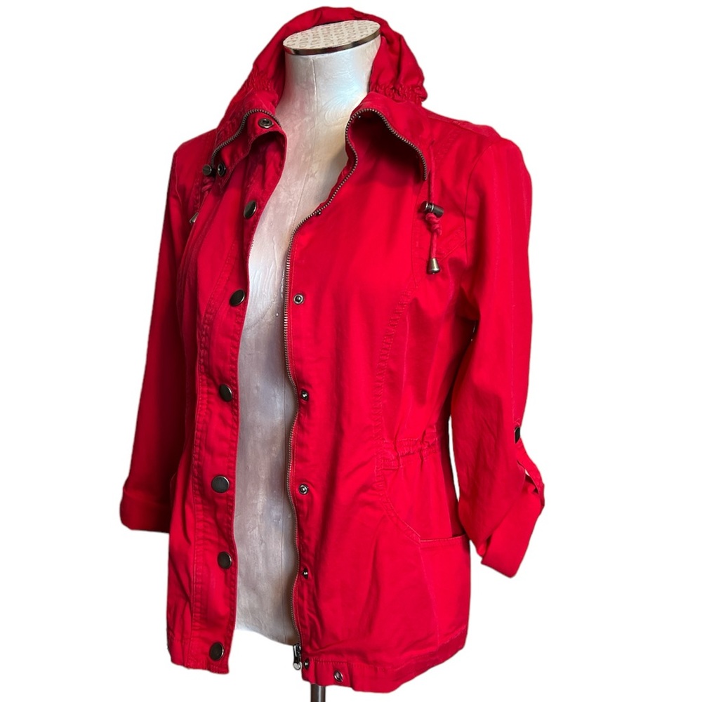 Style & Co Red Utility Jacket Petite Small PS Drawstring Waist Roll Tab Sleeve